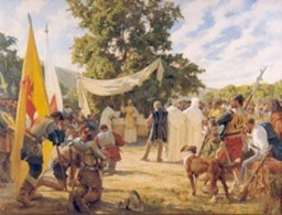 Pedro Subercaseaux, La primera misa celebrada en Chile (1904), óleo sobre tela, 150 x 201 cm, Surdoc 2-1557, Colección Museo Nacional de Bellas Artes.