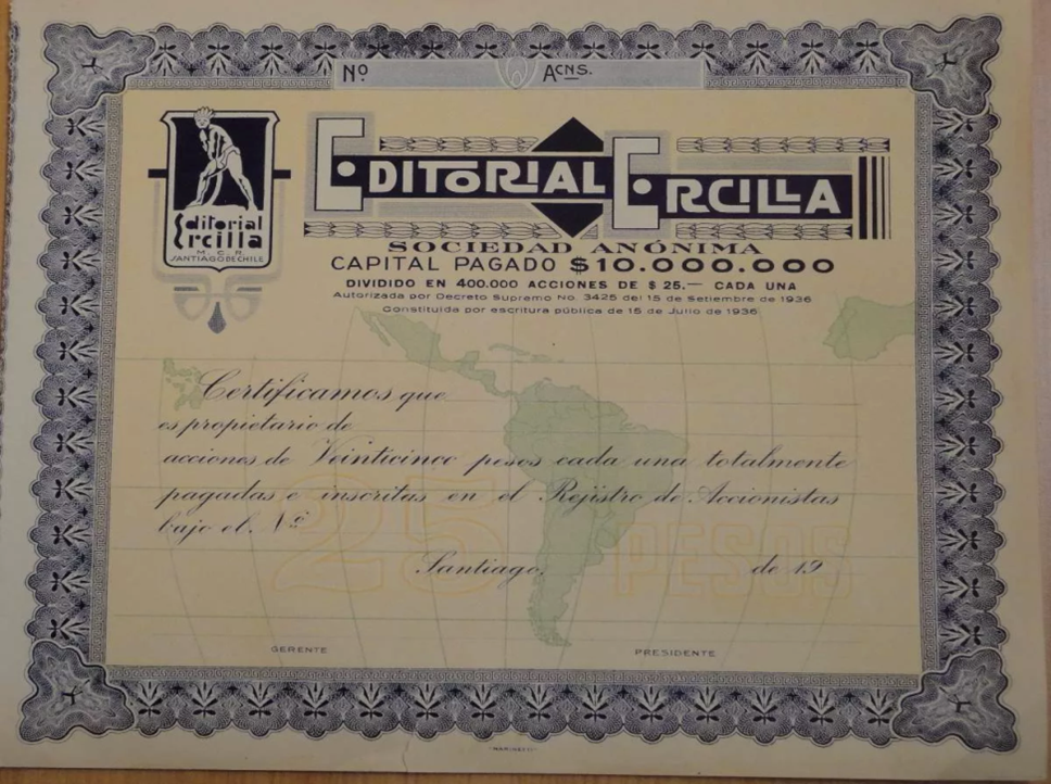 Certificado de compra de acciones de Editorial Ercilla, sociedad anónima, 1936.