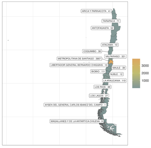 Distribución geográfica de  registros de libros de Ciencias     Sociales en Chile 2010-2021.